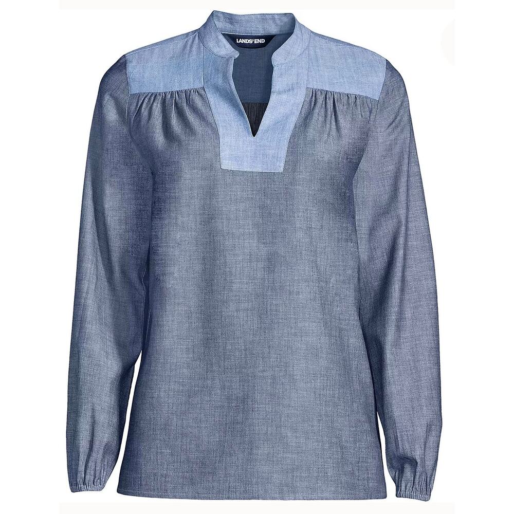 Land's End Chambray Mix Peasant Top, 100% Cotton, Women's Size Medium Tall, NWT